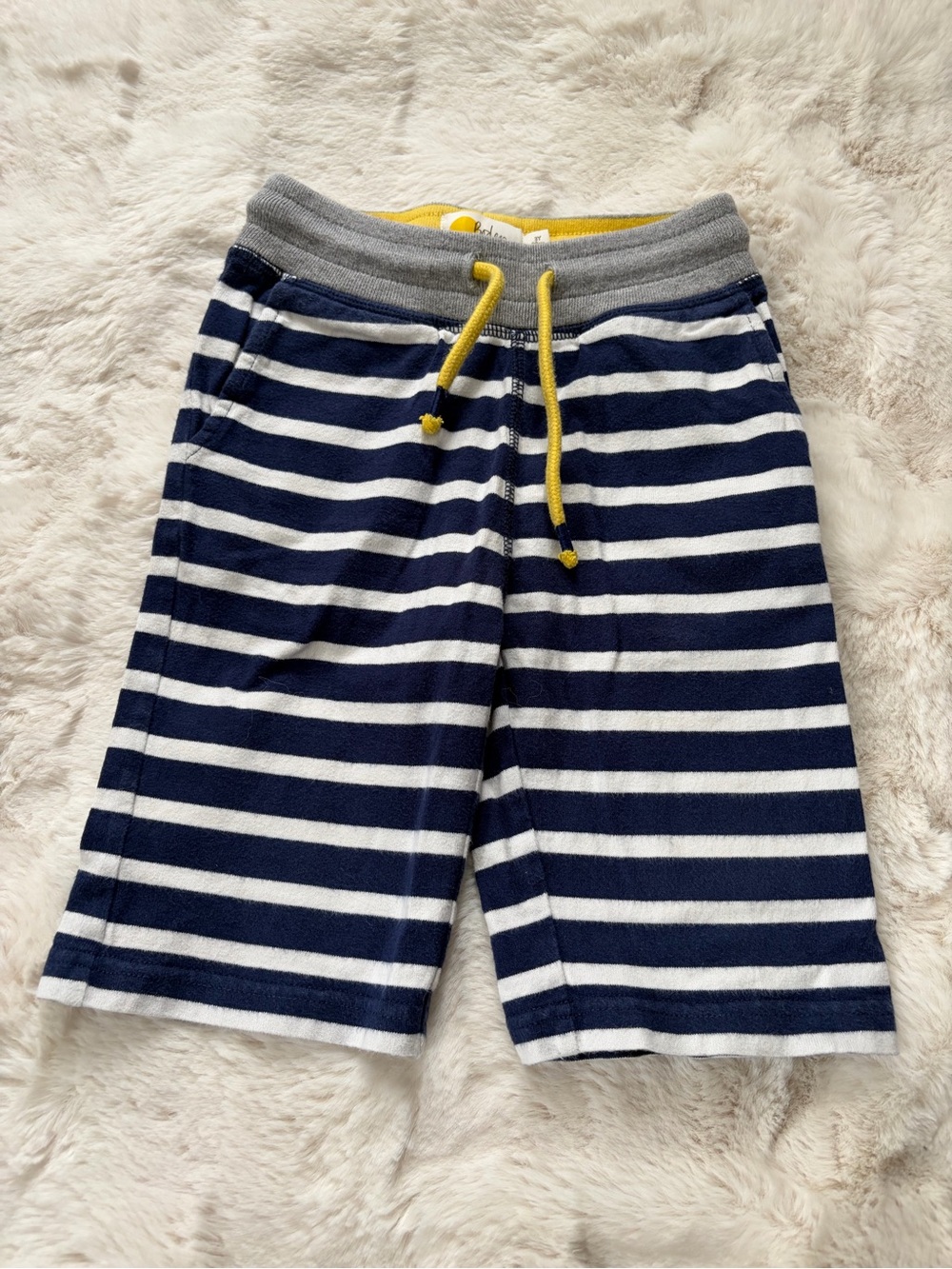 Boden Navy & White Striped Shorts with Yellow Waistband